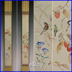 JAPANESE PAINTING HANGING SCROLL JAPAN FLOWER BIRD VINTAGE PICTURE AGED 741n