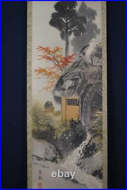 JAPANESE PAINTING HANGING SCROLL JAPAN LANDSCAPE Thatched-roof house 763q