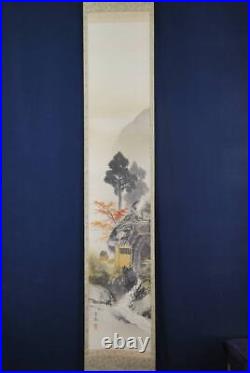 JAPANESE PAINTING HANGING SCROLL JAPAN LANDSCAPE Thatched-roof house 763q
