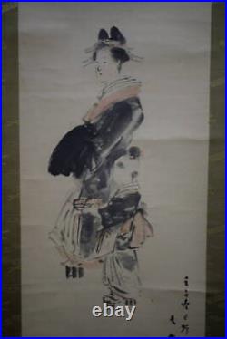 JAPANESE PAINTING HANGING SCROLL JAPAN Old ANTIQUE BEAUTY WOMAN 697q