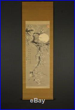 JAPANESE PAINTING HANGING SCROLL JAPAN PLUM MOON ANTIQUE PICTURE VINTAGE d290