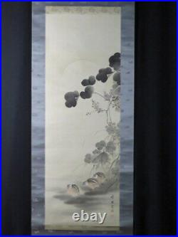 JAPANESE PAINTING HANGING SCROLL JAPAN Quail PICTURE VINTAGE INK AGED ART e385