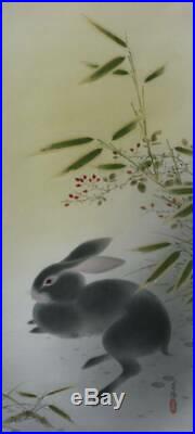 JAPANESE PAINTING HANGING SCROLL JAPAN Rabbit ORIGINAL ANTIQUE VINTAGE ART 432n