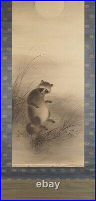 JAPANESE PAINTING HANGING SCROLL JAPAN Raccoon Dog ANTIQUE ORIGINAL AGED d989