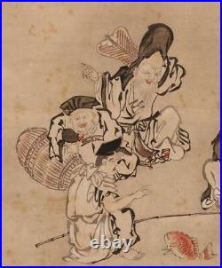 JAPANESE PAINTING HANGING SCROLL Japanese Good Luck 7 god ANTIQUE Old d111