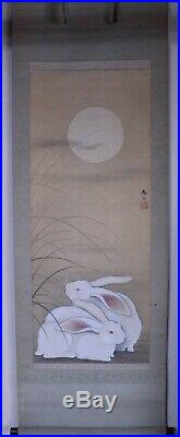 JAPANESE PAINTING HANGING SCROLL RABBIT Moon JAPAN PICTURE OLD d500