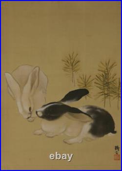 JAPANESE PAINTING HANGING SCROLL White RABBIT ART JAPAN PICTURE ANTIQUE d864
