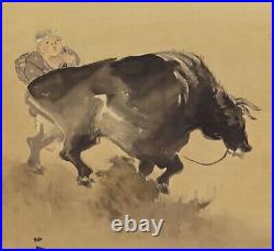 JAPANESE PAINTING Hanging Scroll From JAPAN COW CATTLE PICTURE Farmer 665q