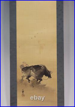 JAPANESE PAINTING Hanging Scroll From JAPAN COW CATTLE PICTURE Farmer 665q