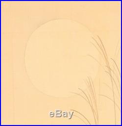 JAPANESE PAINTING Rinse Full Moon Autumn grass Hanging Scroll Insect Japan c989