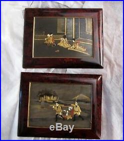 Japanese Antique Meiji Period Lacquer Plaques Paintings Gold Bone Pearl Inlay