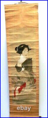 Japanese Antique hanging scroll KAKEJIKU Bijin-ga Geisha girl 48.8 x 12.9 inch