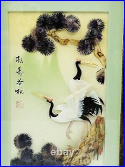 Japanese Art Sign Picture Painting Mothet Of Pearl Decor Cranes Pines Framed