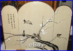 Japanese Birds On Blossom Tree 3 Panel Acrylic Wood Wall Screen Painting Signed