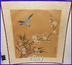 Japanese Blue Bird Pink Blossom Watercolor On Silk Painting Signed