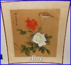 Japanese Brown Bird And Roses Watercolor On Silk Painting Signed