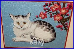 Japanese Cat And Blossoms Tree Embroidery Tapestry Painting
