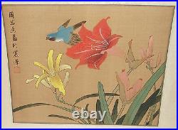 Japanese Floral Blue Bird Original Watercolor Painting Signed