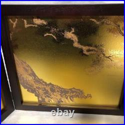 Japanese Folding screen BYOBU MAKIE gold lacquered Pine tree picture h15.4