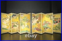 Japanese GOLD folding screen BYOBU Yamato painting Genji antique Edo Era Japan