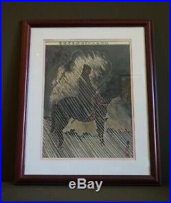 Japanese Hand Painting Man Riding a Horse in Rain Chop Stamp Signed