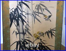 Japanese Hanging Scroll Bamboo Sparrow Bird withBox Painting Asian Antique A08