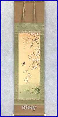 Japanese Hanging Scroll Cherry Blossom Birds Painting withBox Asian Antique k7V
