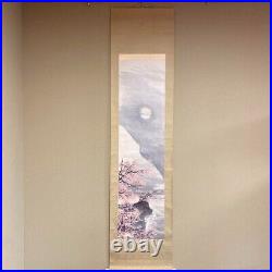 Japanese Hanging Scroll Cherry Blossoms Moon Painting withBox Asian Antique l74