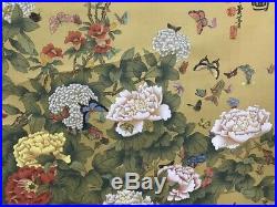 Japanese Hanging Scroll Kakejiku So Many Flower Hand Paint Silk Antique n439