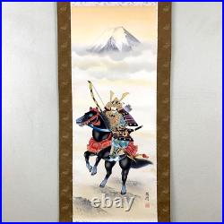 Japanese Hanging Scroll Samurai Horse Fuji Painting withBox Asian Antique dbP