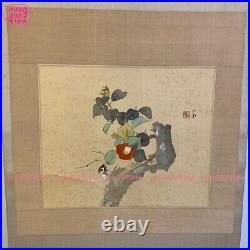 Japanese Hanging scroll sparrow perched on a branch inscription seal #9098