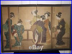 Japanese Ink Painting On Paper Four Panel Screen 20th C