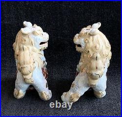 Japanese Kutani Foo Dogs Hand Painted Porcelain Statues Pair