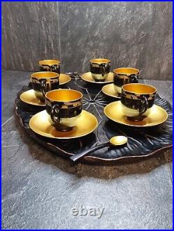Japanese Lacquer Tray Tea Cups and Saucers Set of 6 Hand Painted Black and Gold