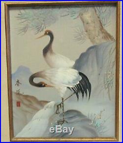 Japanese Long Necks Birds Original Oil On Canvas Painting Signed