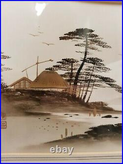 Japanese Oriental Painting Circa 1910 With Faux Bamboo Frame Signed H10 X W16