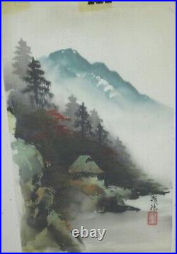 Japanese Original Watercolor On Silk Hut Landscape Painting Signed
