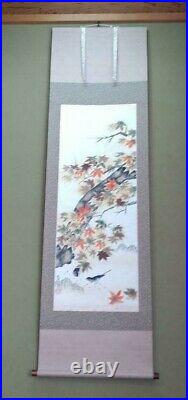 Japanese Painting Hanging Scroll Autumn Leaves, Bird withBox Asian Antique bk7
