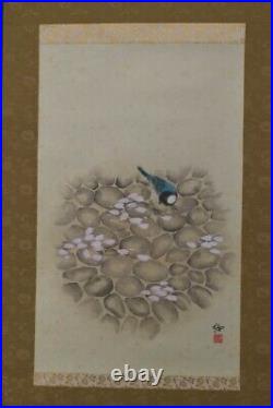 Japanese Painting Hanging Scroll Bird, Cherry Petals withBox Asian Antique dr