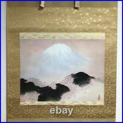 Japanese Painting Hanging Scroll Cherry Blossom and Mt. Fuji Asian Antique 3d3