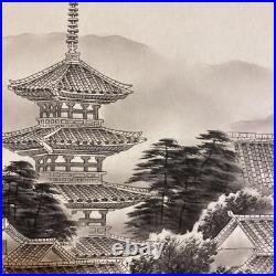 Japanese Painting Hanging Scroll Old Town and Pagoda withBox Asian Antique 8pc