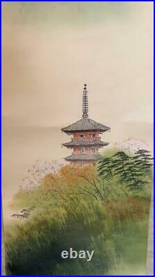 Japanese Painting Hanging Scroll Pagoda, Cherry Blossom withBox Asian Antique sc