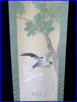 Japanese Painting Hanging Scroll Pigeons Flying from Tree Asian Antique 2j7
