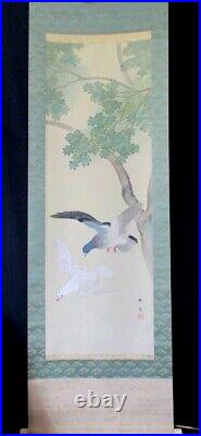 Japanese Painting Hanging Scroll Pigeons Flying from Tree Asian Antique 2j7