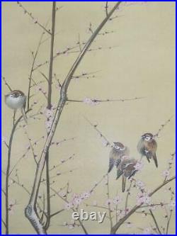 Japanese Painting Hanging Scroll Pink Plum and Sparrow Bird Asian Antique hvv