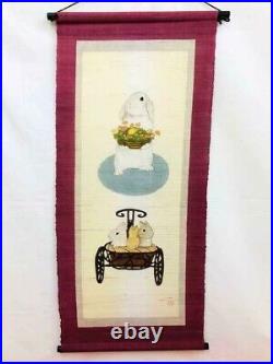 Japanese Painting Hanging Scroll Rabbit with Flower, Bunny Hemp Asian Antique