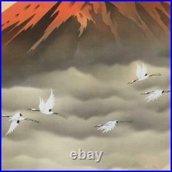Japanese Painting Hanging Scroll Redly Mt. Fuji, Cranes withBox Asian Antique ra