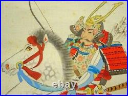 Japanese Painting Hanging Scroll Samurai on Horseback withBox Asian Antique 5sg