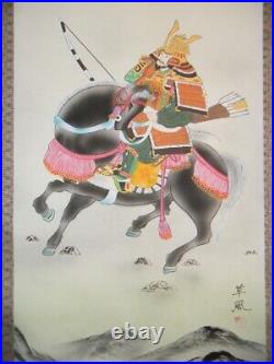 Japanese Painting Hanging Scroll Samurai on Horseback withBox Asian Antique rj