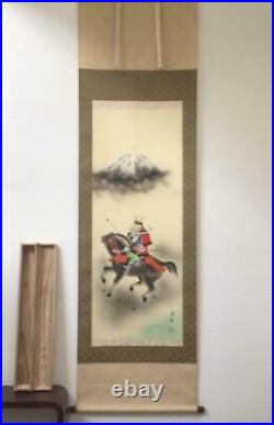 Japanese Painting Hanging Scroll Samurai on a Horse, Mt. Fuji Asian Antique 3bv